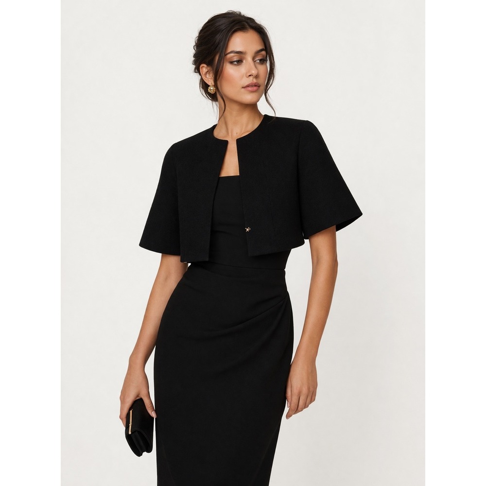 Edward Achour Paris Black Cropped Wool Jacket Bolero Short Sleeve Size 32‎ 0-2